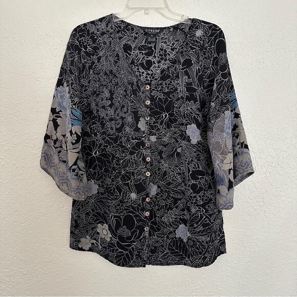 Citron Silk Floral Button Front Short Sleeve Black Top Small - Picture 1 of 6